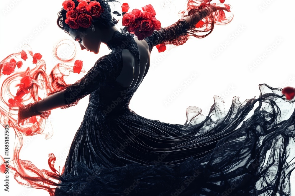 Fototapeta premium Woman in black dress with red roses and flowing fabric.