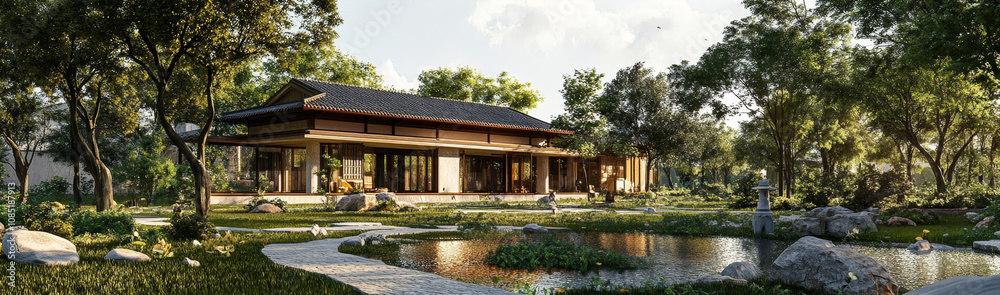 Serene Asian-Style Villa with Pond and Garden - Peaceful Asian architectural design, featuring a tranquil pond, lush garden, traditional house, and stone pathways. Represents serenity, nature, luxury, Serene Asian-Style Villa with Pond and Garden - Peaceful Asian architectural design, featuring a tranquil pond, lush garden, traditional house, and stone pathways. Represents serenity, nature, luxury,