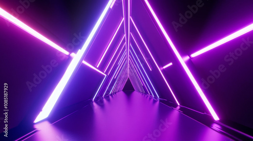 3D triangular stage neon light halo door steel tunnel futuristic cyberpunk purple pink background. glow triangle frame laser ring abstract cosmic cyberspace fashion wallpaper