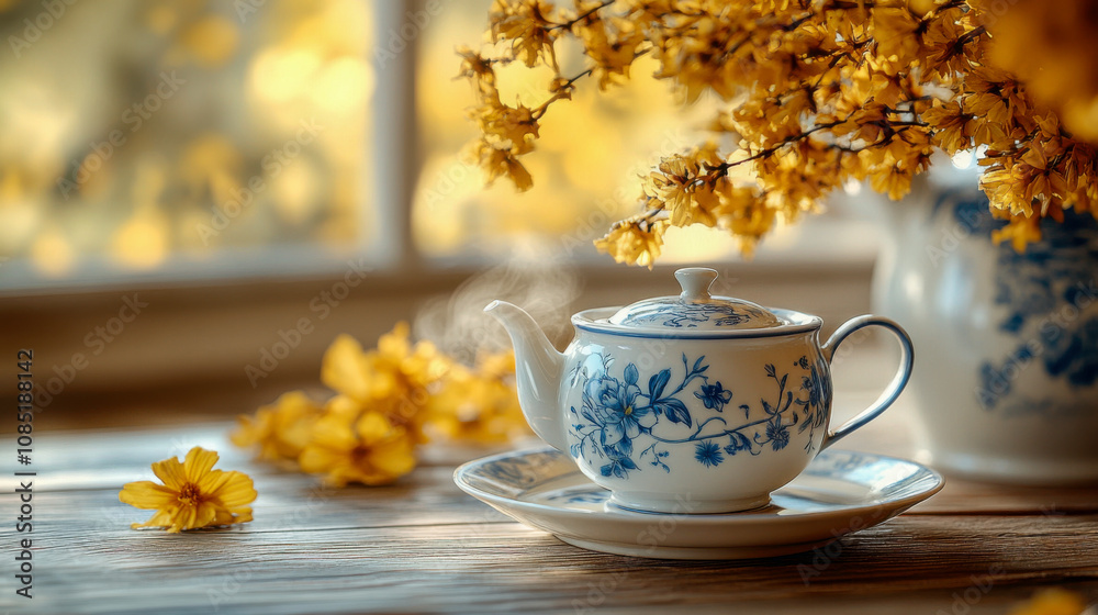 Fototapeta premium Elegant porcelain teapot with floral design beside blooming yellow flowers on sunny morning