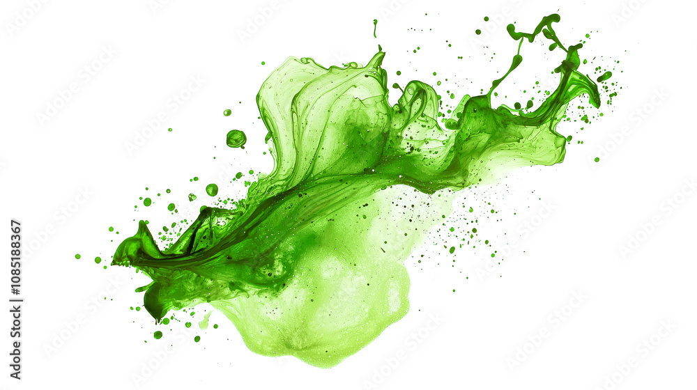 Dynamic green ink splash on white backdrop, fluid movement and vibrant color. Creative designs, modern art pieces, background textures in digital projects Dynamic green ink splash on white backdrop, fluid movement and vibrant color. Creative designs, modern art pieces, background textures in digital projects