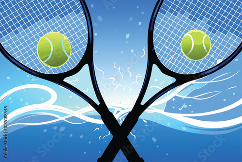 Create an abstract vector illustration featuring stylized tennis rackets and balls, incorporating dynamic lines and vibrant color gradients.  Prioritize a modern and energetic aesthetic.