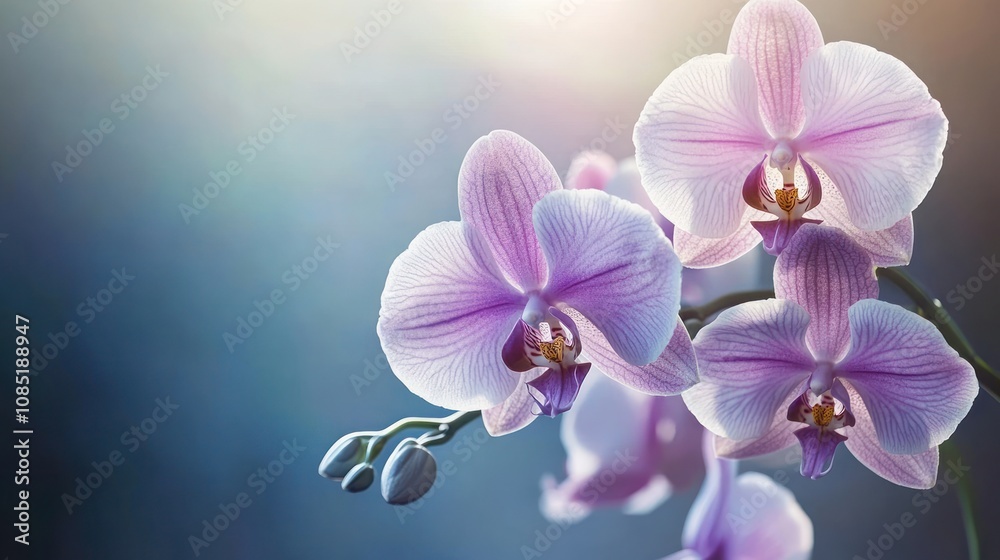 Delicate purple orchids bloom elegantly against a soft, blurred background. Delicate purple orchids bloom elegantly against a soft, blurred background.