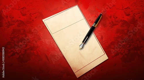 Letter Paper and Pen - a classic and elegant visual. The red background enhances the nostalgic and sophisticated appeal of the letter writing setup. photo