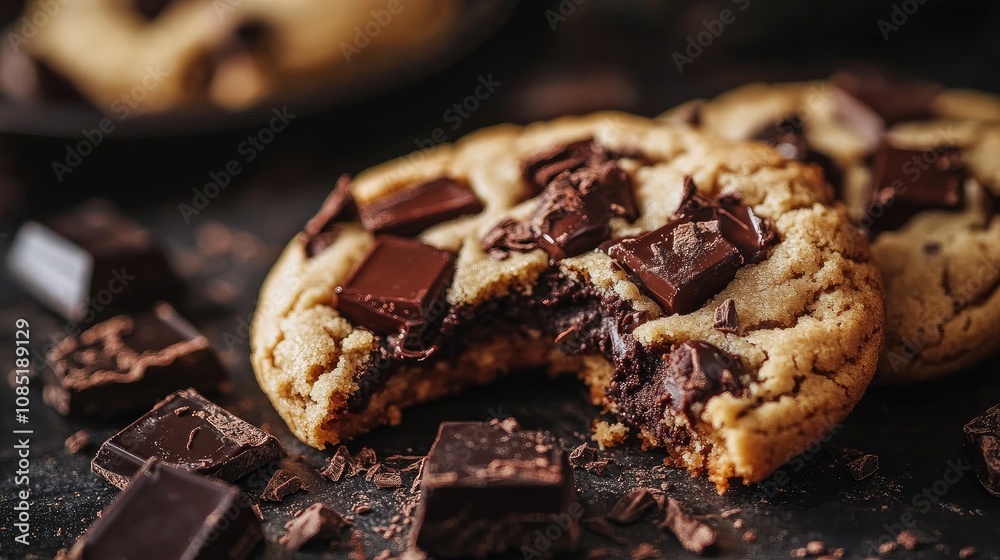 A close-up of a gooey chocolate chip cookie with chunks of chocolate spilling from the middle A close-up of a gooey chocolate chip cookie with chunks of chocolate spilling from the middle