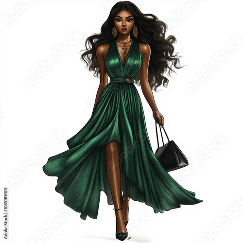 An oil painting clipart illustration image of a teenage church going black girl wearing a forest green flowy dress, long black middle part wig, standing with a pose, nice black heels, AI Generated