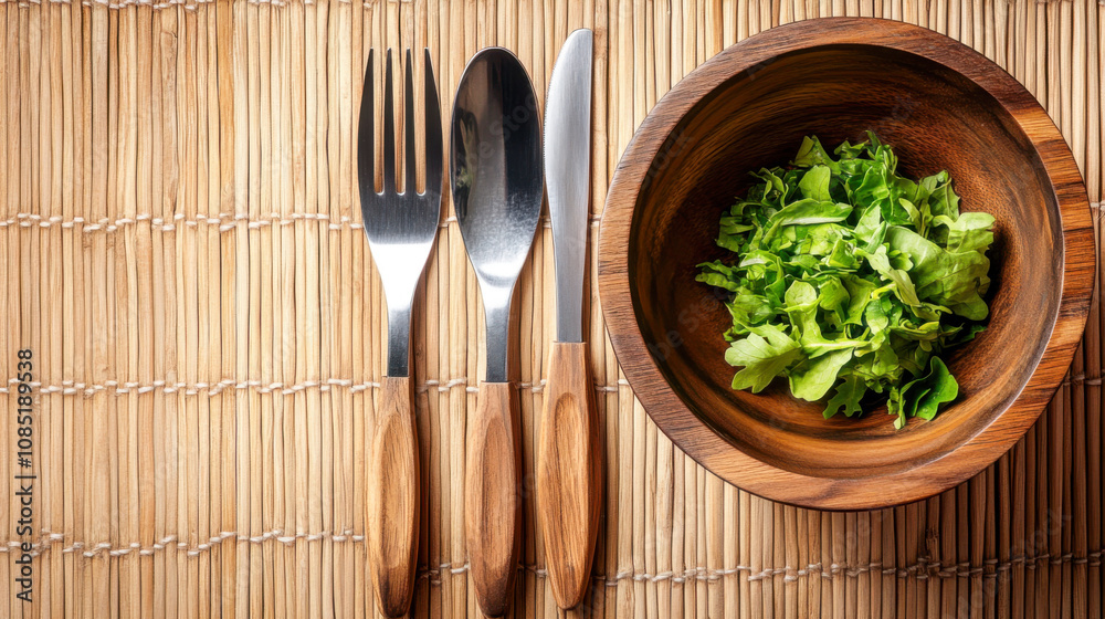 Fresh green salad in wooden bowl with cutlery on bamboo mat Fresh green salad in wooden bowl with cutlery on bamboo mat