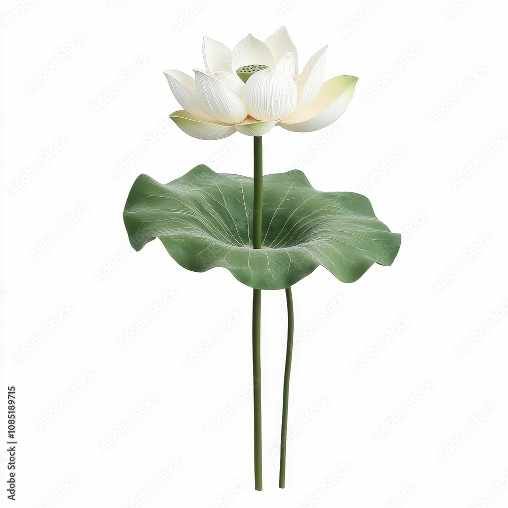 Obraz premium White lotus flower with green leaf and stem.