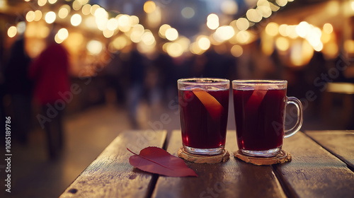 Two glasses of hot mulled spicy wine with cookies at a Christmas market illuminated at night in december photo