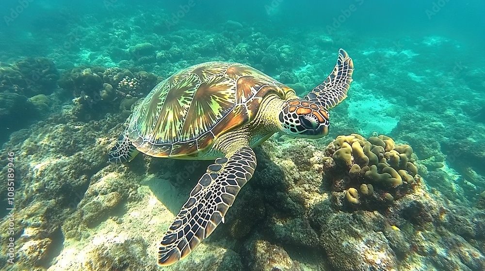 Fototapeta premium A sea turtle swimming gracefully over coral reefs in clear blue water.