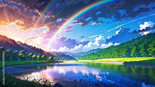 Landscape sunrise over lake , river and rainbow 