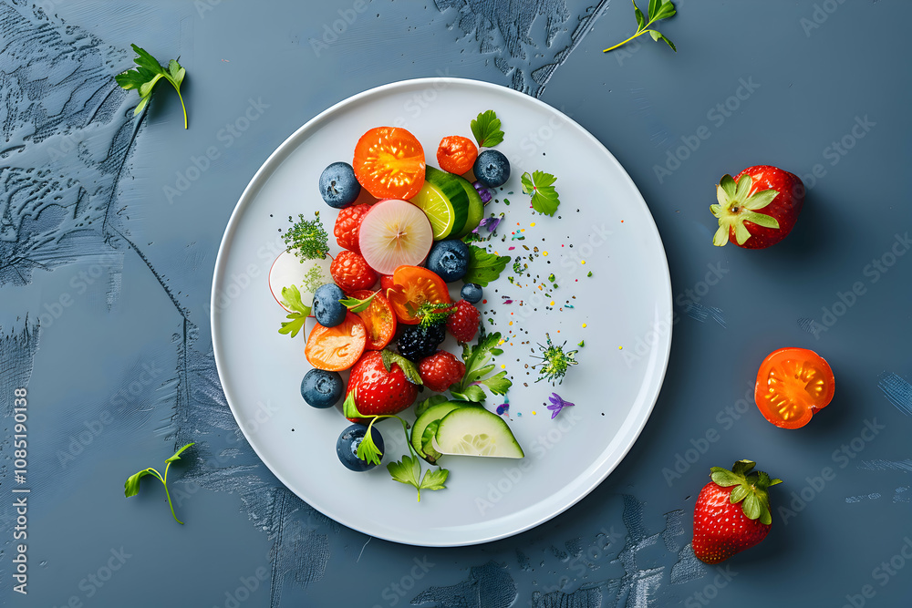 A Symphony of Flavors: A vibrant, healthy salad bursts with color, featuring fresh strawberries, blueberries, tomatoes, cucumbers, and edible flowers. A Symphony of Flavors: A vibrant, healthy salad bursts with color, featuring fresh strawberries, blueberries, tomatoes, cucumbers, and edible flowers.