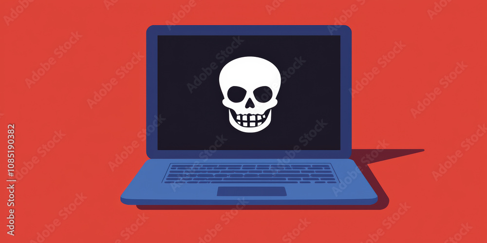 A laptop with a skull icon on its screen, set against a vibrant red background, symbolizing danger or malicious content.