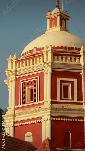 Kavlem, Phonda, Goa, India. Shree Shantadurga Mandir, Kavlem Temple. Famous Landmark And Popular Destination. White Lamp Tower. Shantadurga Devi photo