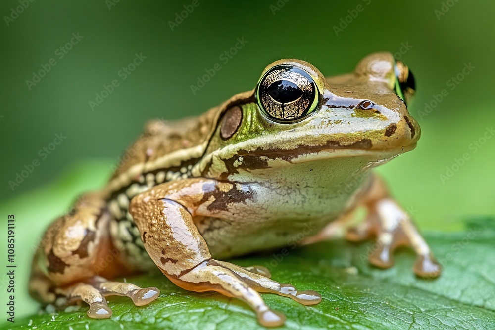 Fototapeta premium Close-Up of a Colorful Frog Resting on a Leaf in Natural Habitat