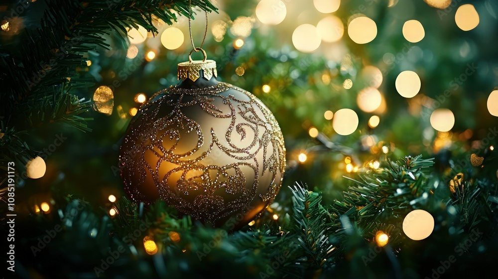 A beautiful ornament in the center of the scene, surrounded by a rich green tree with glowing bokeh lights in the background. A beautiful ornament in the center of the scene, surrounded by a rich green tree with glowing bokeh lights in the background.