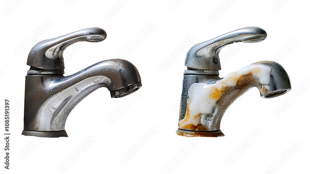Compare the images of the dirty stainless faucet cover with the hard calcium water stain in the bathroom before and after cleaning it with a special detergent. Compare the images of the dirty stainless faucet cover with the hard calcium water stain in the bathroom before and after cleaning it with a special detergent.