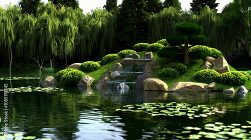 a pool with rocks filled with moss