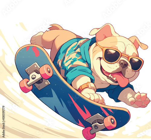 A playful dog skateboarding with sunglasses, exuding a fun and carefree vibe.