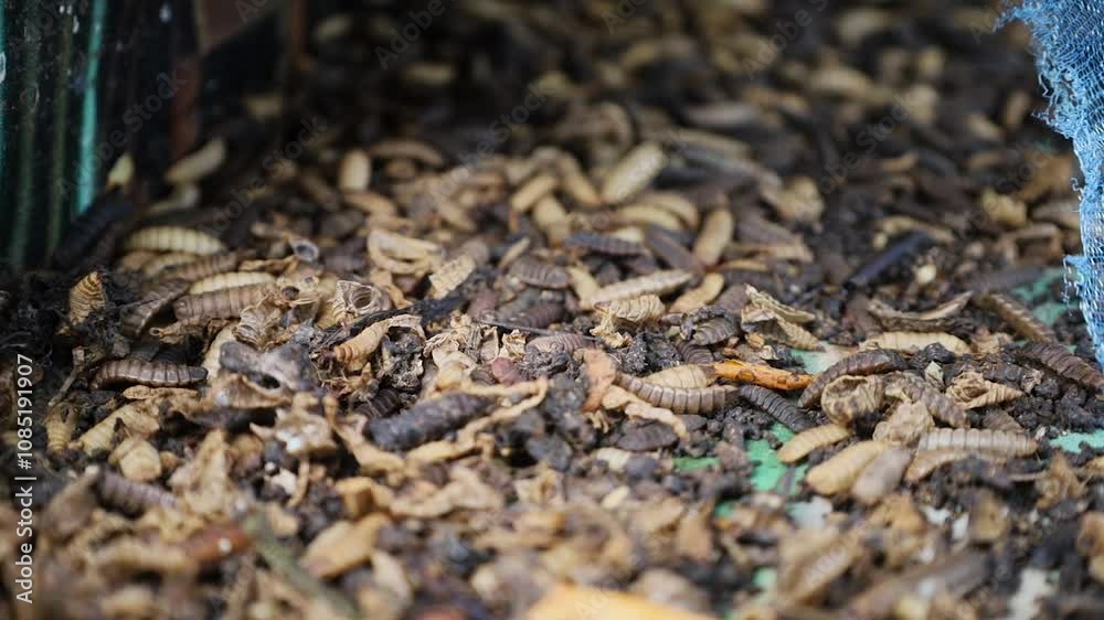Hermetia illucens maggot cultivation. maggots feeding on organic waste in traditional Indonesian agriculture. Hermetia illucens maggot cultivation. maggots feeding on organic waste in traditional Indonesian agriculture.