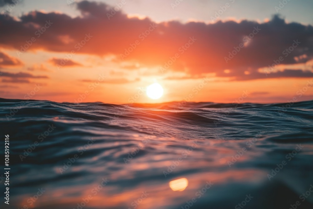 Obraz premium Vibrant Sunset Over Ocean Waves - Stunning sunset over the ocean, capturing warm orange hues reflecting on the water. Symbolizing peace, tranquility, nature, beauty, and serenity.