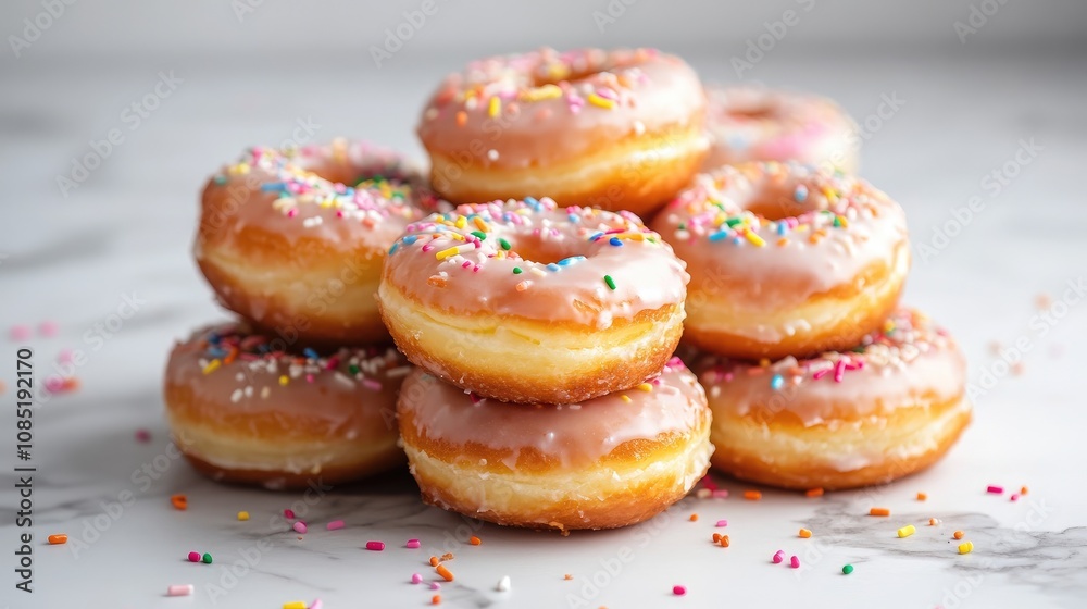 Pile of glazed doughnuts with colorful sprinkles, capturing the sweetness of indulgence Pile of glazed doughnuts with colorful sprinkles, capturing the sweetness of indulgence