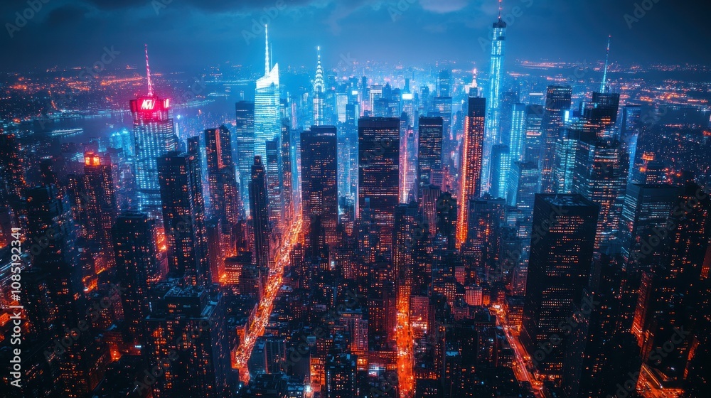 Night cityscape, skyscrapers illuminated. Night cityscape, skyscrapers illuminated.