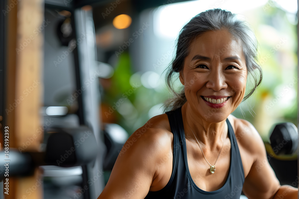 Fototapeta premium A woman is smiling and wearing a black tank top