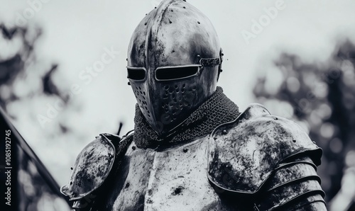 Medieval knight in armor, detailed metalwork, helmet, chainmail, historical reenactment, serious expression photo