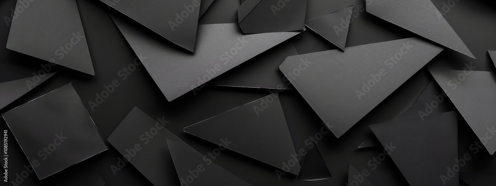 Fototapeta premium Black Background with Angular Geometric Shapes and Patterns for Design, Banner Template. White Space in the Center for Text, Abstract Geometric Wallpaper for Stylish and Modern Visuals.