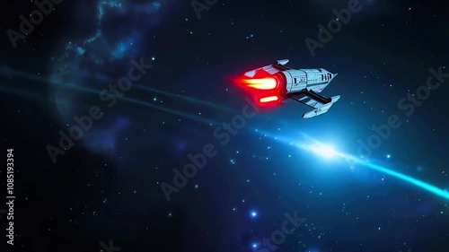 Sci-fi spaceship, sleek red and blue design, powerful laser beam, deep space background