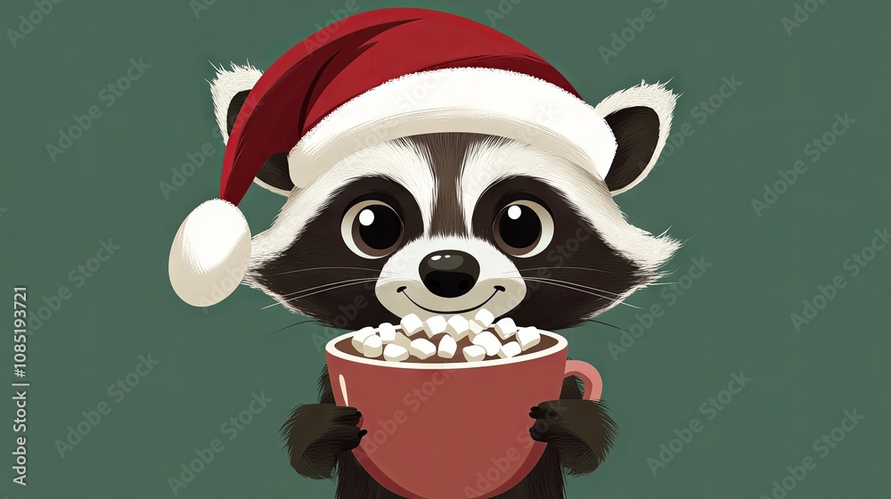 Cartoon cute raccoon in santa hat with cup of cocoa with marshmallows green background Cartoon cute raccoon in santa hat with cup of cocoa with marshmallows green background
