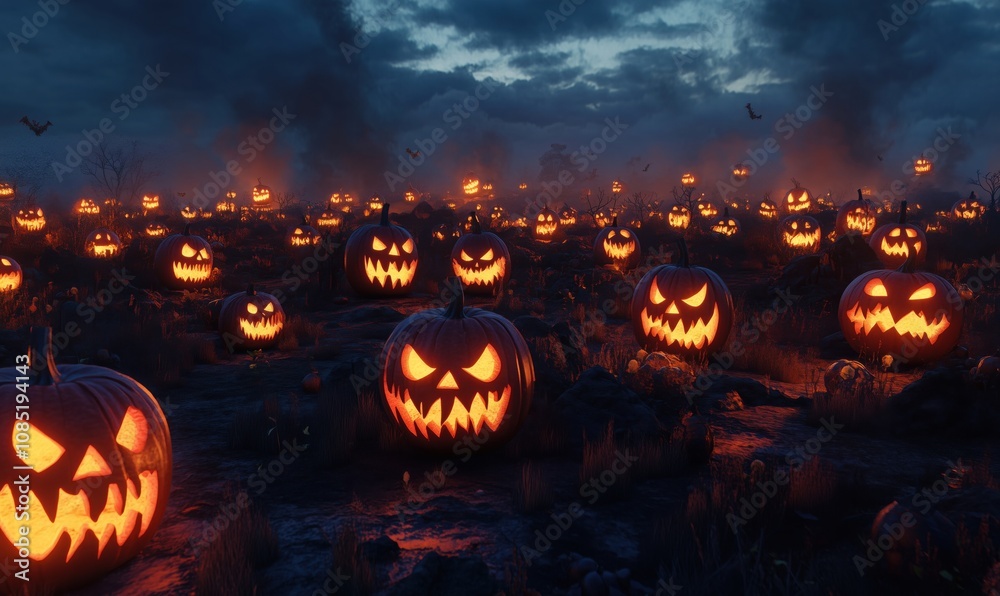 Spooky Halloween pumpkin patch with glowing jack-o'-lanterns, eerie atmosphere, dark clouds, bats flying, and misty background Spooky Halloween pumpkin patch with glowing jack-o'-lanterns, eerie atmosphere, dark clouds, bats flying, and misty background