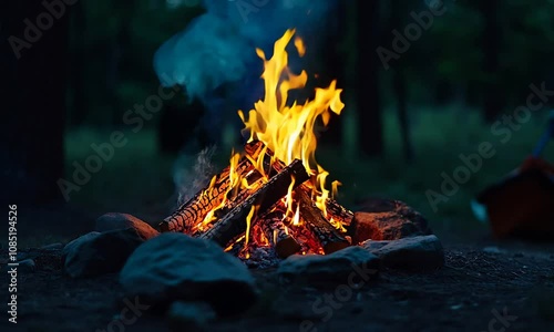 Glowing Bonfire in Forest Setting Evoking Warmth Adventure and Outdoor Camping Experience : Generative AI