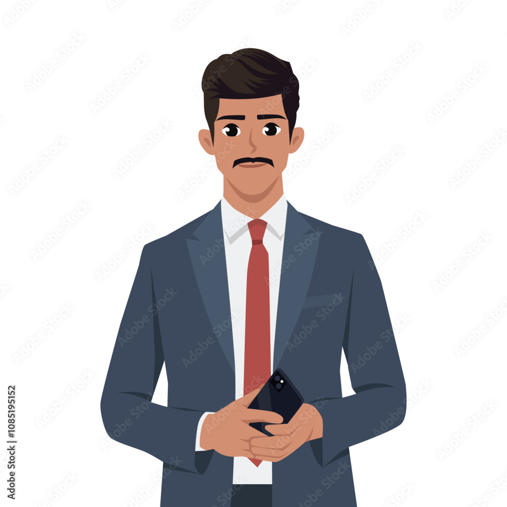 Young businessman stands and holds mobile phone in hand. Flat Vector Character Isolated. Young businessman stands and holds mobile phone in hand. Flat Vector Character Isolated.