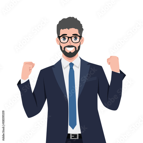 Businessman rejoicing for his success. Flat Vector Character Isolated.