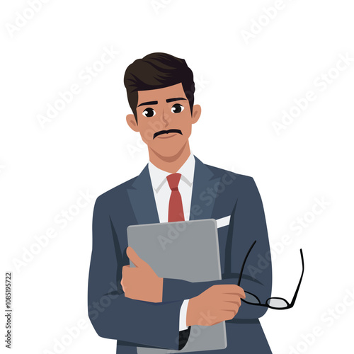 Businessman holding and using laptop computer. Flat Vector Character Isolated.