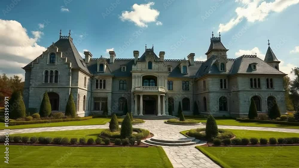 A grand, 4K-resolution view of a majestic, castle-like mansion, exuding opulence and sophistication A grand, 4K-resolution view of a majestic, castle-like mansion, exuding opulence and sophistication