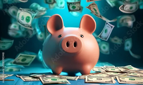 Piggy Bank Surrounded by Falling Dollar Bills Illustrating Savings : Generative AI