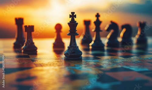 Chess pieces silhouetted against sunset, strategic game atmosphere, focus on king piece, vibrant colors, blurred background