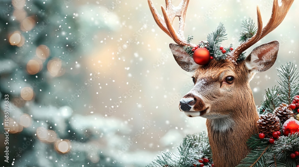 A deer with christmas decoration, banner A deer with christmas decoration, banner