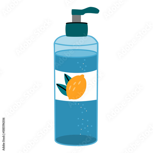 Blue cosmetic bottle with lemon illustration. 