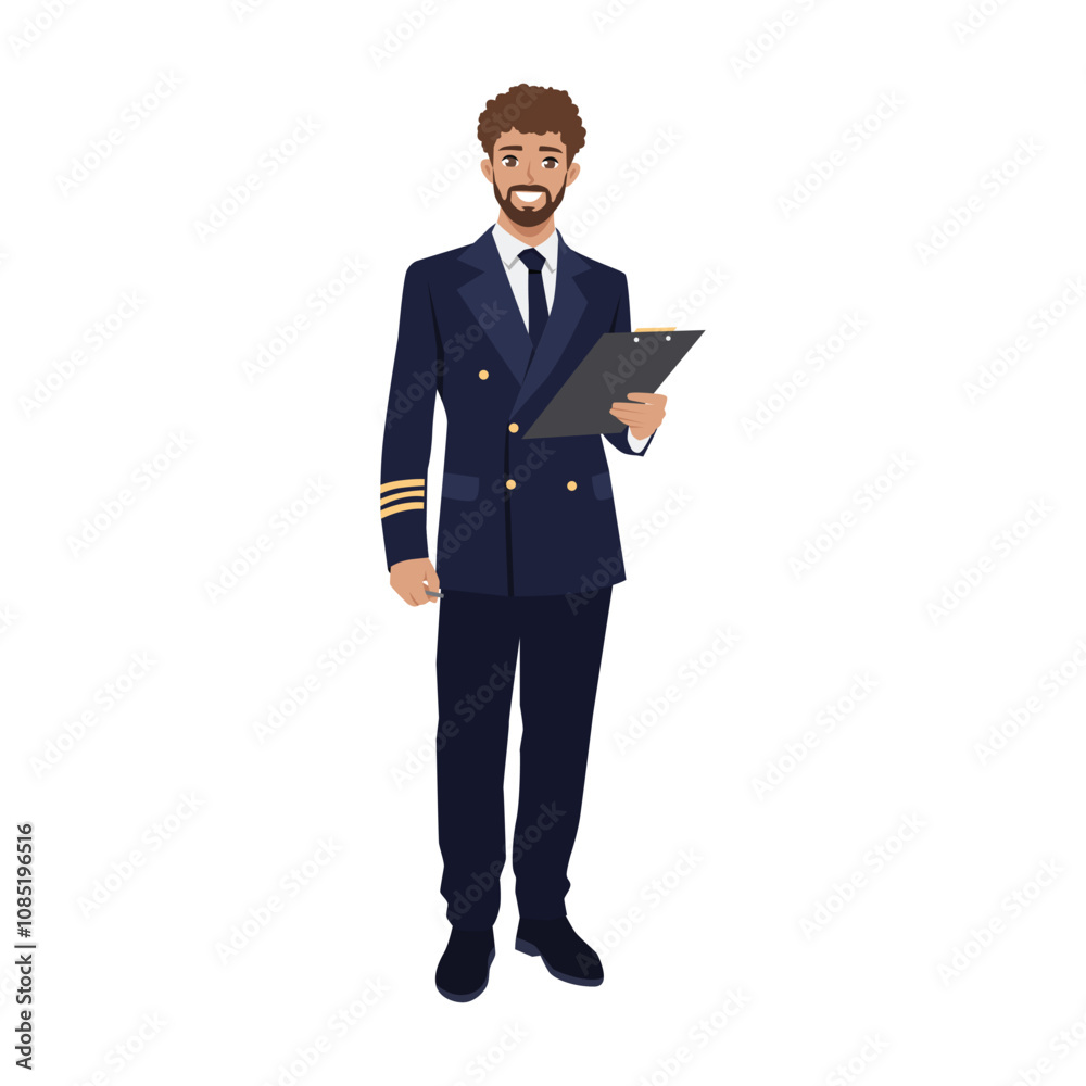 Young Pilot steward writing notes in list of passengers. Flat Vector Character Isolated.