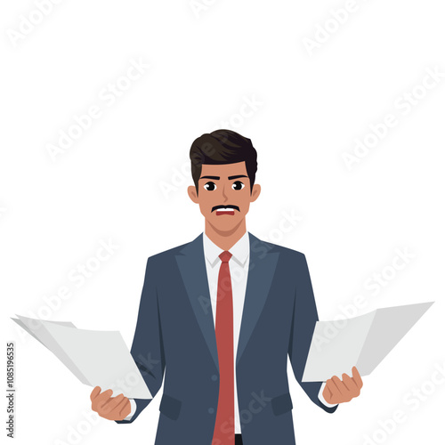 Young angry man, nervous about bureaucracy and overabundance of paperwork. Flat Vector Character Isolated.