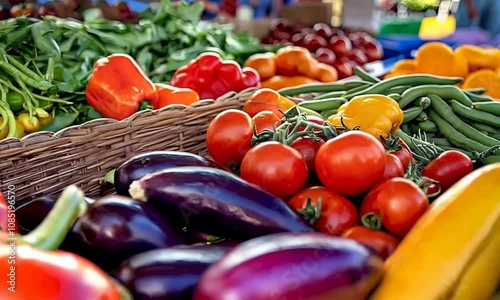 Colorful assortment of fresh vegetables on display at a bustling local farmers market : Generative AI