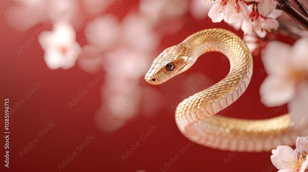 3D-rendered golden snake wrapped around cherry blossom branches on a vibrant red background 3D-rendered golden snake wrapped around cherry blossom branches on a vibrant red background