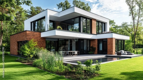 An isolated image of a modern loft-style house featuring oversized windows and industrial accents, highlighting its minimalist architecture with sharp angles and brick detail.