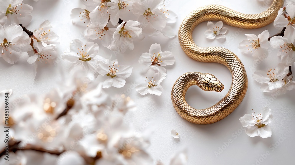 Golden snake elegantly coiling around the numbers '2025' on a polished marble table, with red lanterns and orchids in the background Golden snake elegantly coiling around the numbers '2025' on a polished marble table, with red lanterns and orchids in the background