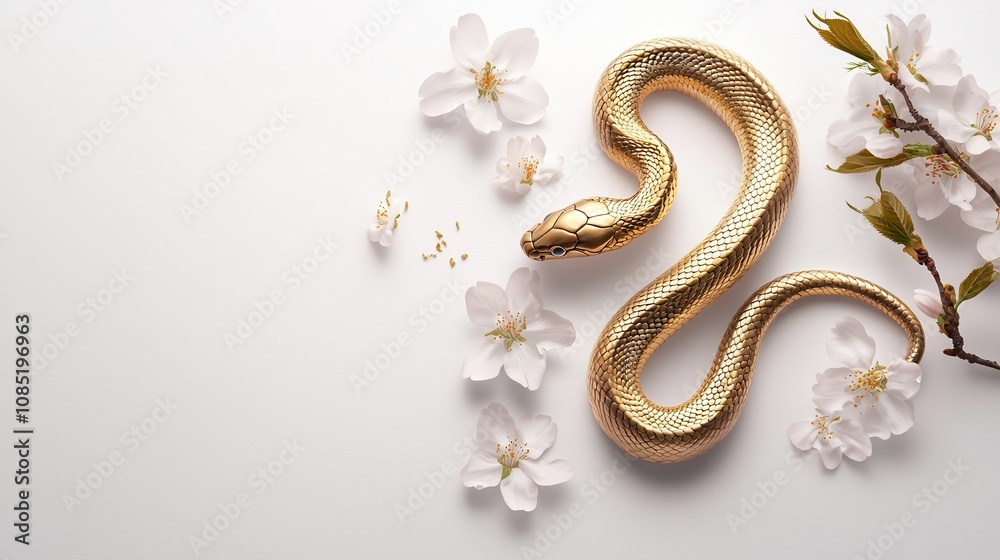 Golden snake elegantly coiling around the numbers '2025' on a polished marble table, with red lanterns and orchids in the background