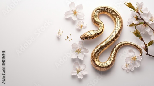 Obraz na płótnie Golden snake elegantly coiling around the numbers '2025' on a polished marble table, with red lanterns and orchids in the background w salonie